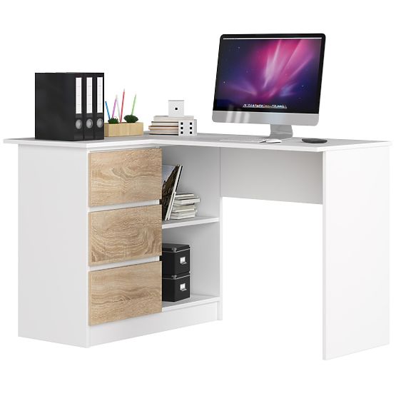 CORNER DESK B16 124 cm LEFT 3 DRAWERS WHITE / SONOMA OAK