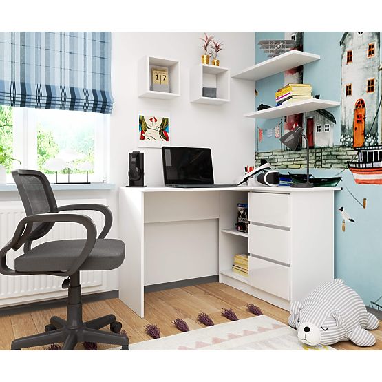 CORNER DESK B16 124 cm RIGHT 3 DRAWERS PK WHITE / WHITE GLOSS