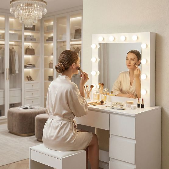Cosmetic Dressing Table with Mirror and LED Lighting 4 Drawers Stool ModernHome