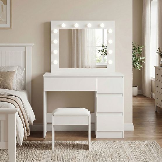 Cosmetic Dressing Table with Mirror and LED Lighting 4 Drawers Stool ModernHome