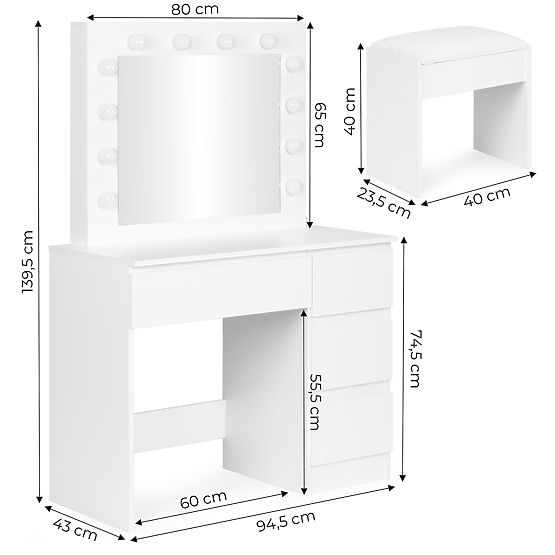 Cosmetic Dressing Table with Mirror and LED Lighting 4 Drawers Stool ModernHome