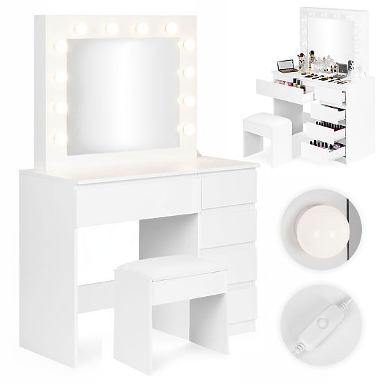 Cosmetic Dressing Table with Mirror and Lighting 5 Drawers Stool ModernHome