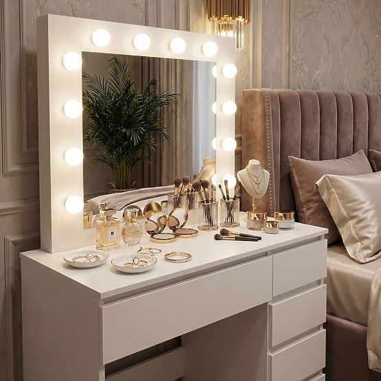 Cosmetic Dressing Table with Mirror and Lighting 5 Drawers Stool ModernHome