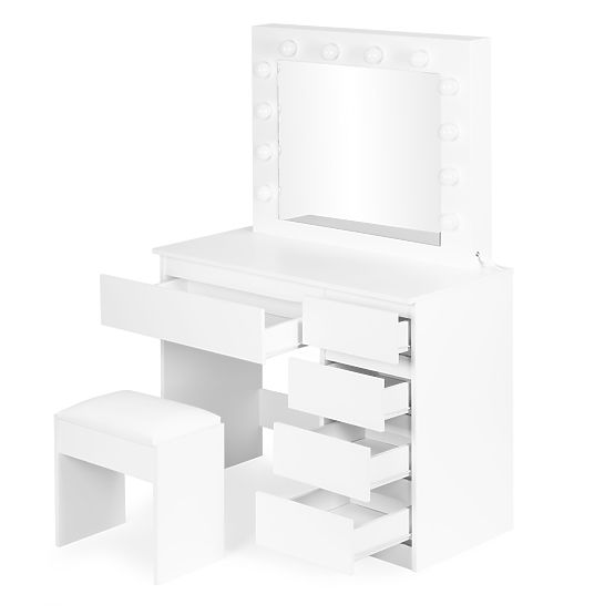 Cosmetic Dressing Table with Mirror and Lighting 5 Drawers Stool ModernHome