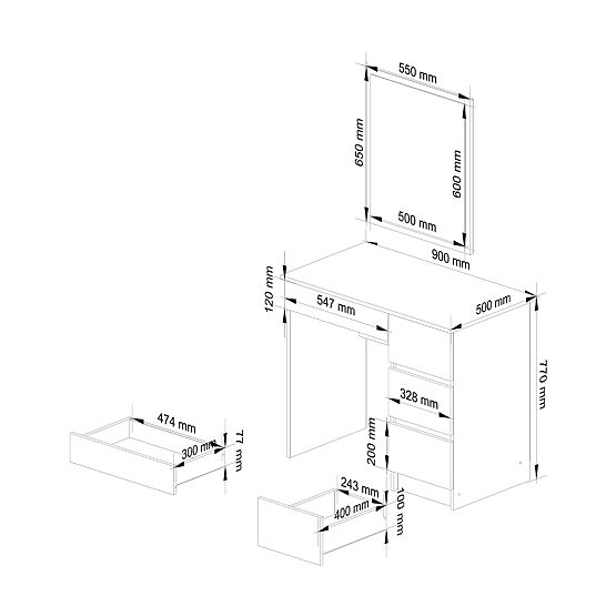 COSMETIC VANITY TABLE WITH MIRROR T-6/SL 500x600 RIGHT WHITE