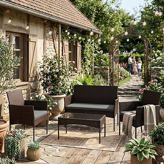 Dark Brown MultiGarden Rattan Garden Furniture Set with Bench, Table, and Chairs