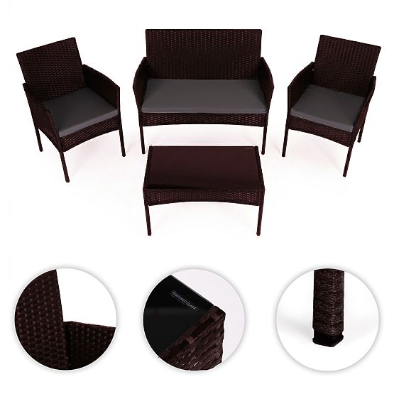 Dark Brown MultiGarden Rattan Garden Furniture Set with Bench, Table, and Chairs