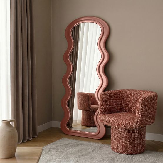 Decorative Hanging Mirror in Wooden Frame Vale 177x75 cm, Wavy, Organic Shape, Mocha Mo