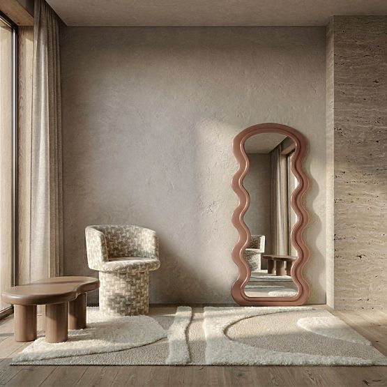 Decorative Hanging Mirror in Wooden Frame Vale 177x75 cm, Wavy, Organic Shape, Mocha Mo