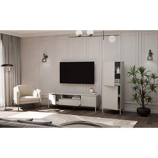 Display Cabinet KAMARO 2DK SLIM/SMOOTH CASHMERE Louvered Grooved + Classic Front Panel