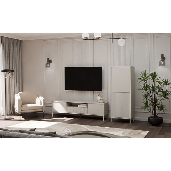 Display Cabinet KAMARO 2DK SLIM/SMOOTH CASHMERE Louvered Grooved + Classic Front Panel