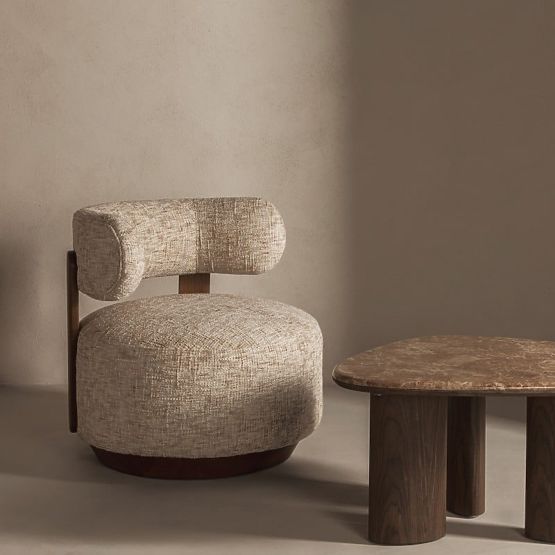 Dolce Relaxation Chair, Rounded Shapes, Beige-Grey/Walnut