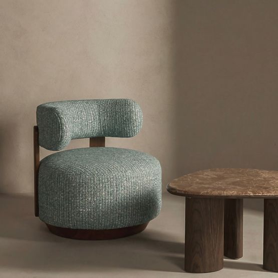 Dolce Relaxation Chair, Rounded Shapes, Blue-Beige/Walnut