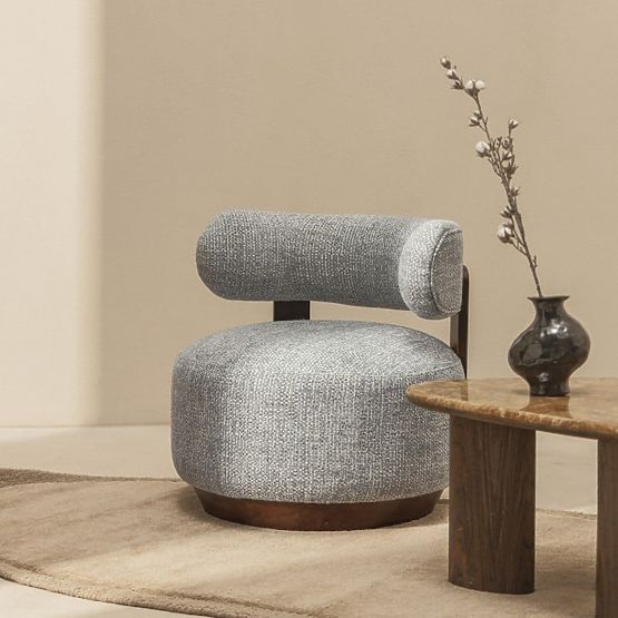 Dolce Relaxation Chair, Rounded Shapes, Blue-Beige/Walnut