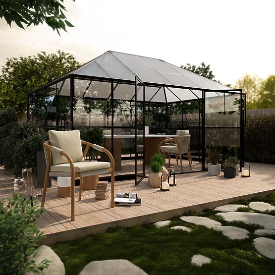 EcoGlass Gazebo Standard Garden Orangery with Base 12 m² Tempered Glass 4 mm, Polycarbonate 6 mm