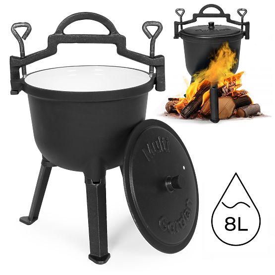 Enamelled Cast Iron Pot 8L Standing Hunter's Cauldron Fire Pit Grill MultiGarden