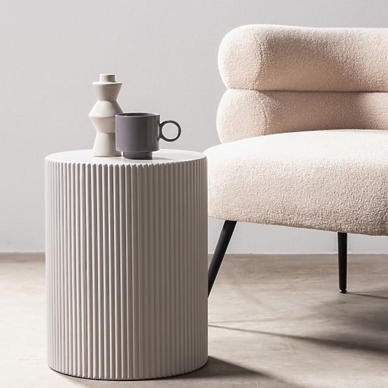 Ermanno Side Table, 35 cm, Gray-Beige, Grooved