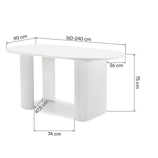 Extendable Table Audrey 160-240 cm, Oval, White, with Grooving, Rounded Shapes