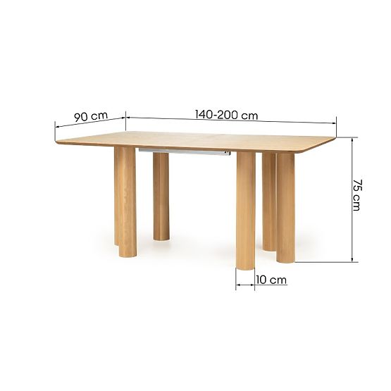 Extendable Table Loa 140-200 cm, Oak Veneer, Natural, Beech Wood, Rounded