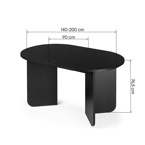 Extendable Table Mou 140-200 cm, Black with Wood Texture, Oval Top