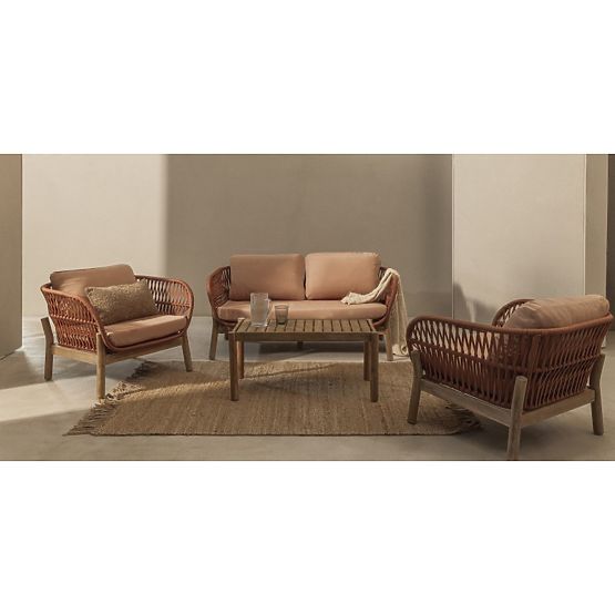 Fiorentino Garden Furniture Set Teak Look, Weave, Light Acacia Wood FSC, Terracotta, Rounded