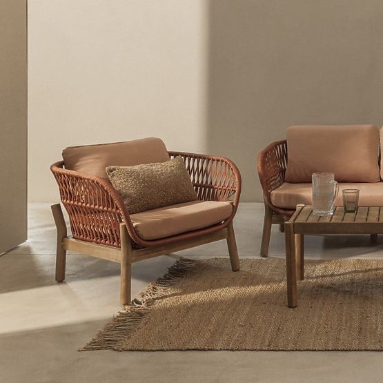Fiorentino Garden Furniture Set Teak Look, Weave, Light Acacia Wood FSC, Terracotta, Rounded