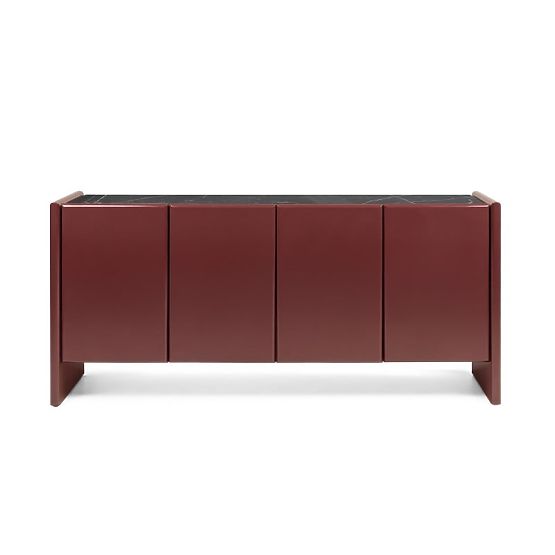 Four-Door Sideboard Loren, Burgundy/Brown, Marble, Glossy