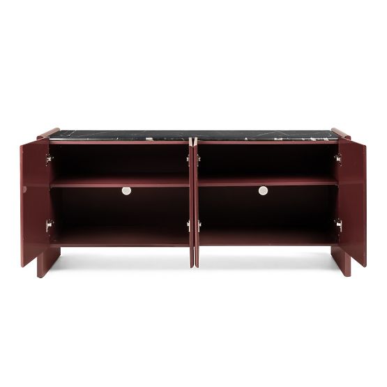 Four-Door Sideboard Loren, Burgundy/Brown, Marble, Glossy