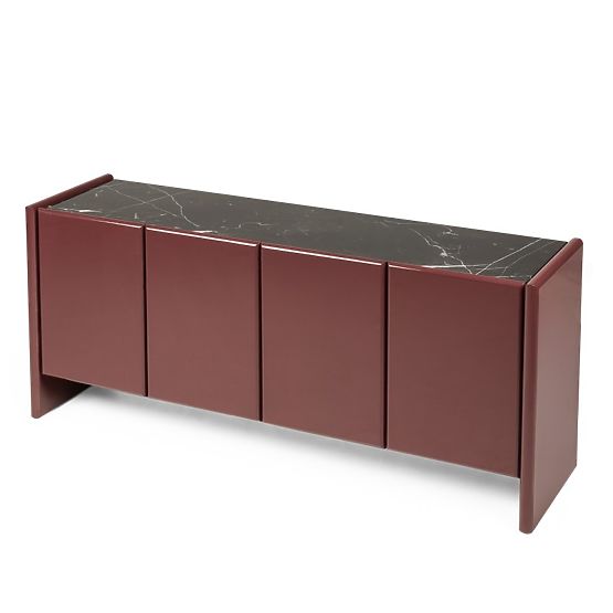 Four-Door Sideboard Loren, Burgundy/Brown, Marble, Glossy