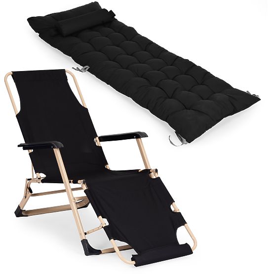 Garden Beach Lounger 2-in-1 with Pillow, Adjustable Footrest, Black, Gold Frame MultiGarden