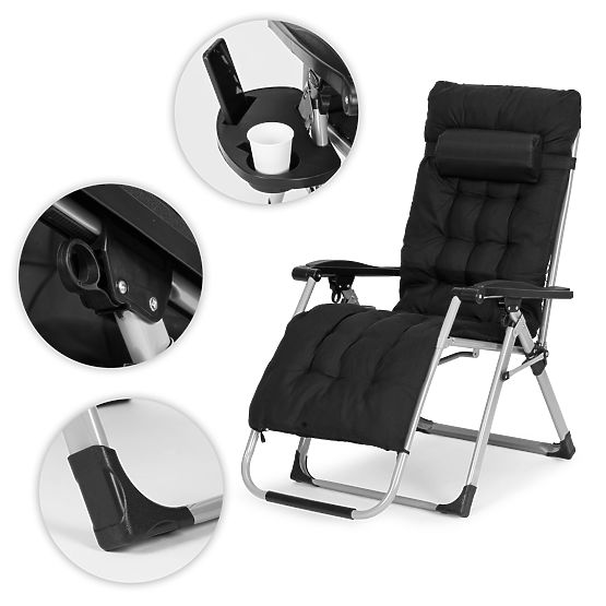 Garden Beach Lounger with Adjustable Backrest and Pillow + Headrest Black MultiGarden