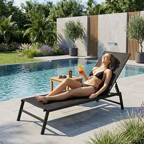 Garden Beach Lounger with Adjustable Backrest, Steel Frame, Black MultiGarden