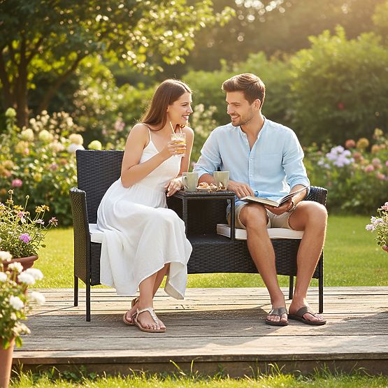 Garden Bench from Technorattan Sofa CORDOBA Black with Beige Cushions