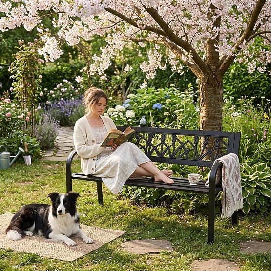 Garden Bench with Decorative Backrest 120x50 cm Metal Park Black MultiGarden