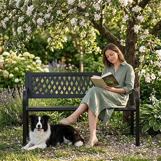 Garden Bench with Lattice Backrest 120x50 cm Metal Park Black MultiGarden