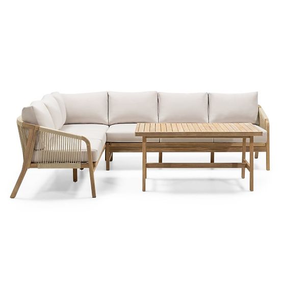 Garden Corner Set with Table Castello, Wicker, Acacia Wood FSC, Teak Look, Beige