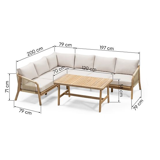 Garden Corner Set with Table Castello, Wicker, Acacia Wood FSC, Teak Look, Beige