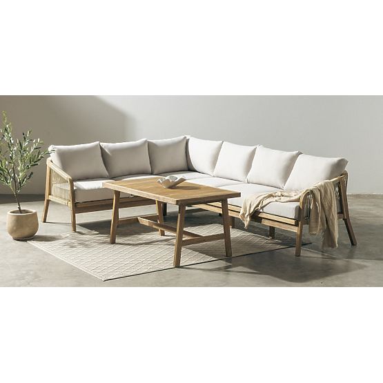 Garden Corner Set with Table Castello, Wicker, Acacia Wood FSC, Teak Look, Beige