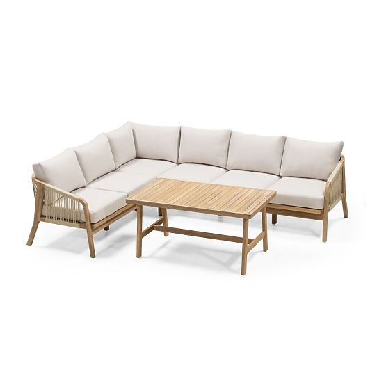 Garden Corner Set with Table Castello, Wicker, Acacia Wood FSC, Teak Look, Beige