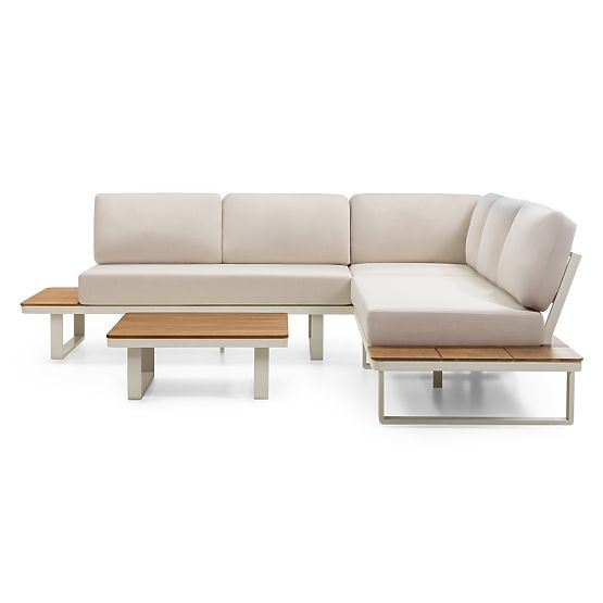 Garden Corner Sofa with Table Porticato, Acacia Wood FSC, Teak Look, Light Beige