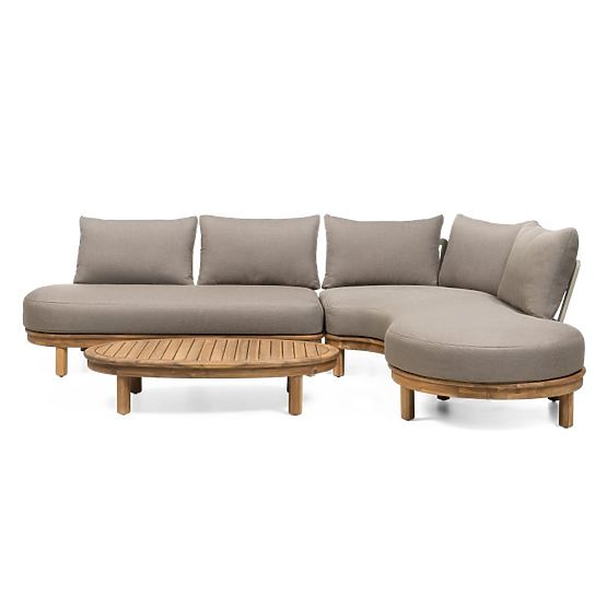 Garden Corner Sofa with Table Summerland, Acacia Wood, Teak Finish, Brown-Grey, Rounded Shape