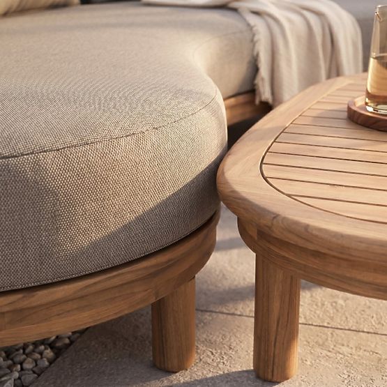 Garden Corner Sofa with Table Summerland, Acacia Wood, Teak Finish, Brown-Grey, Rounded Shape