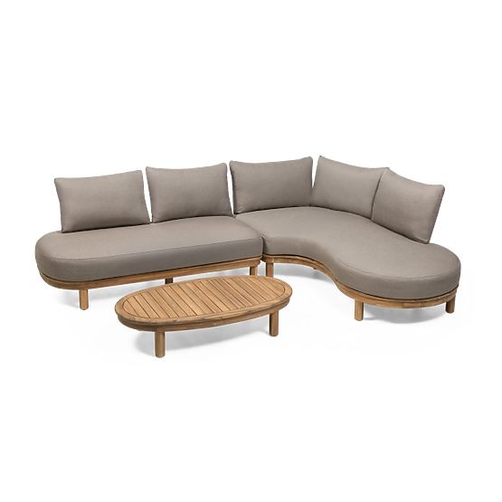 Garden Corner Sofa with Table Summerland, Acacia Wood, Teak Finish, Brown-Grey, Rounded Shape