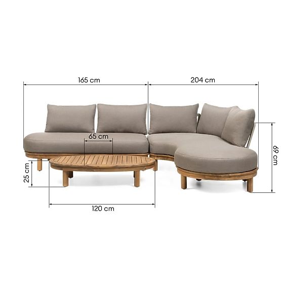Garden Corner Sofa with Table Summerland, Acacia Wood, Teak Finish, Brown-Grey, Rounded Shape