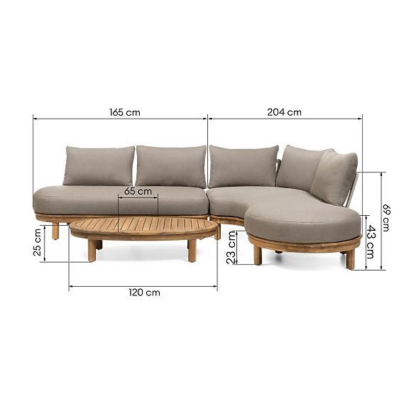 Garden Corner Sofa with Table Summerland, Acacia Wood, Teak Finish, Brown-Grey, Rounded Shape