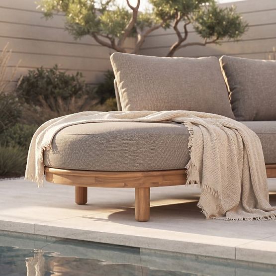 Garden Corner Sofa with Table Summerland, Acacia Wood, Teak Finish, Brown-Grey, Rounded Shape