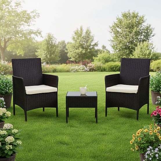 Garden Furniture Set 2 Chairs + Table Tempered Glass Black MultiGarden