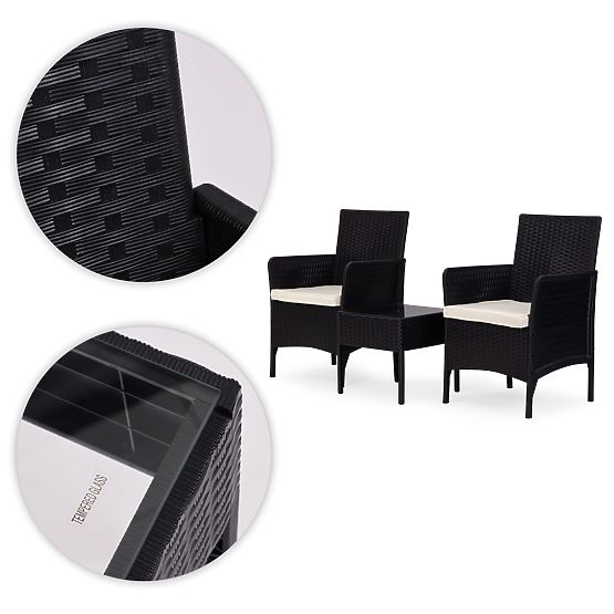 Garden Furniture Set 2 Chairs + Table Tempered Glass Black MultiGarden