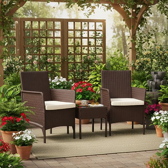 Garden Furniture Set 2 Chairs + Table Tempered Glass Brown MultiGarden