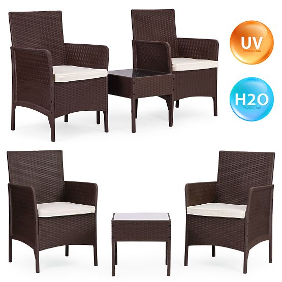 Garden Furniture Set 2 Chairs + Table Tempered Glass Brown MultiGarden